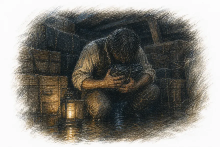 A sailor crouches in a dark ship's hold with a shuttered lantern, an oilcloth packet held to his chest