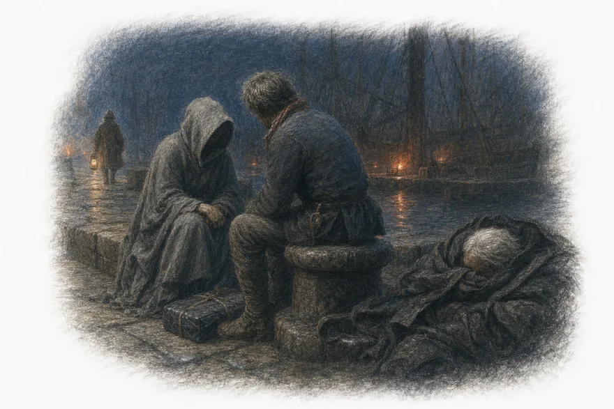 A woman in a grey cloak and a sailor talk on a night quay; an old man sleeps in tarred wool beside them