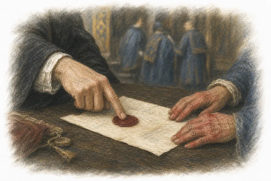 Hands on a guild-hall table: one finger pressed on a wax seal, a dye-stained pair resting at the paper's edge