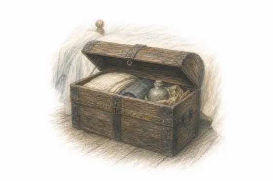 An old iron-banded sea-chest, lid just raised on folded linen and a small stoppered jar