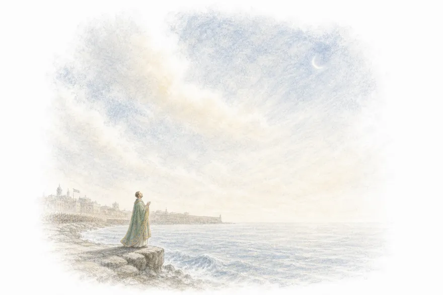 A small figure in a sea-green cope stands on the last stone of a breakwater, facing an enormous pale sea
